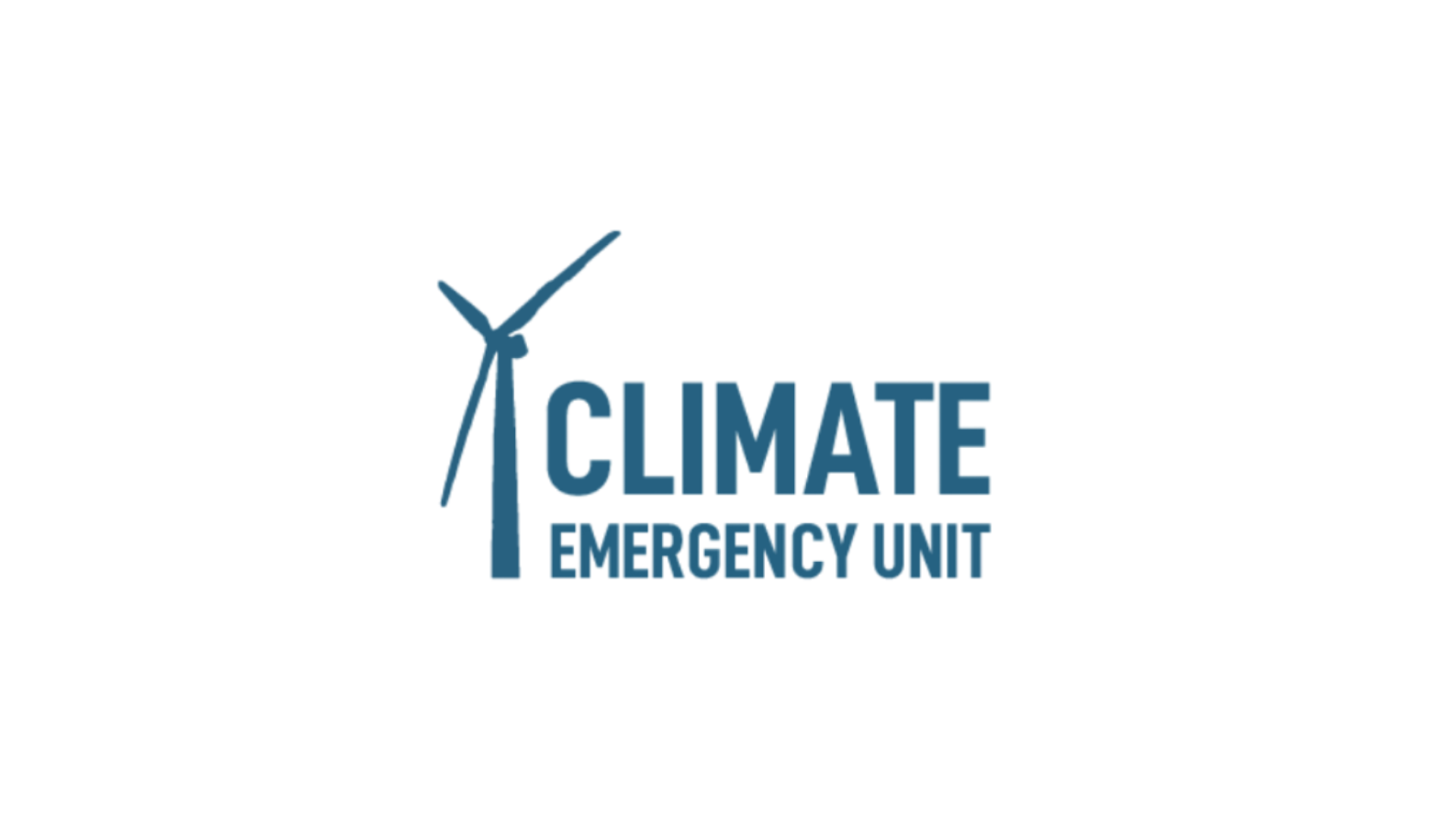 "Climate Emergency Unit" in blue sans serif font. To the right is a windmill icon.