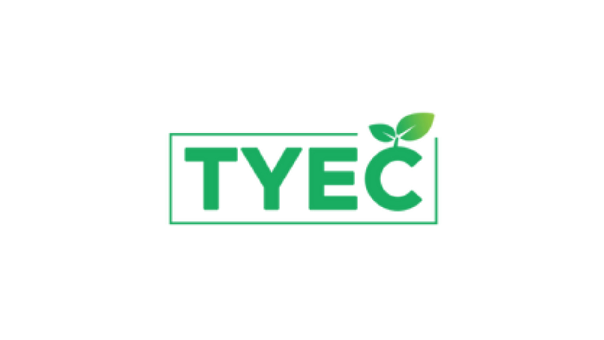 "TYEC" in bold green font with a thin rectangle border, and a budding plant on top of the "C."